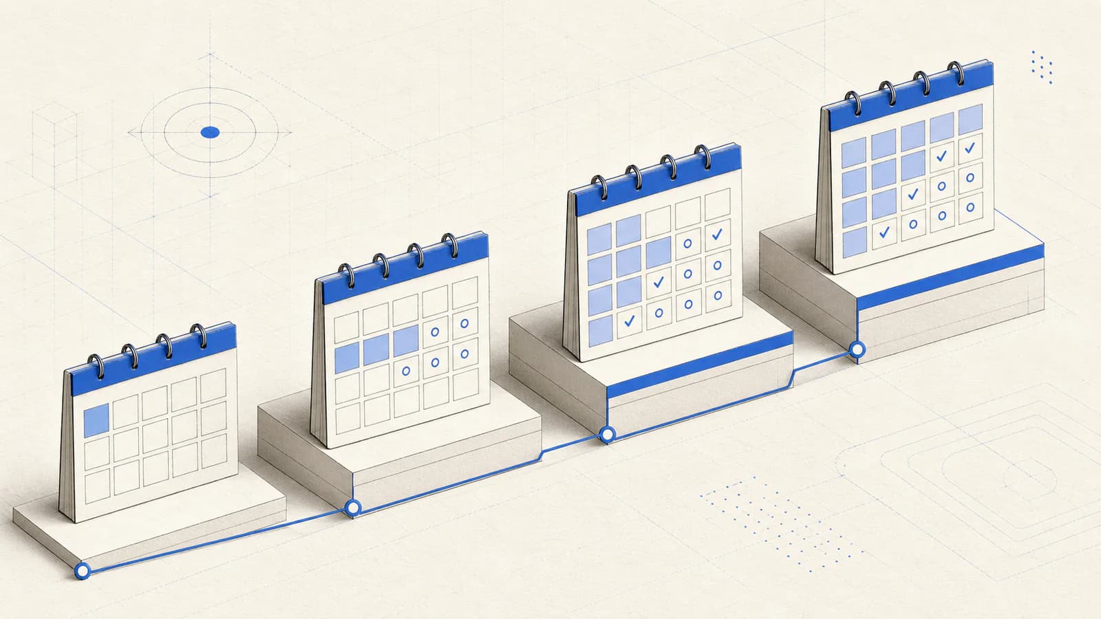 Four-stage editorial calendar showing a phased cybersecurity compliance rollout