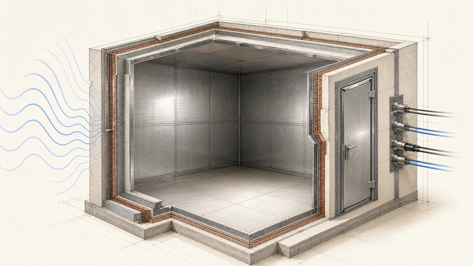 Axonometric secure room cutaway with shielding mesh and attenuated radio-frequency waves